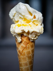 Traditional ice cream in a waffle.