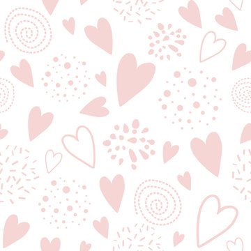 Seamless pink pattern heart ornament decorated pink hand drawn background Valentines day print