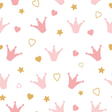 Seamess Pattern Crowns And Hearts. Baby Girl Wallpaper Little Princess Design