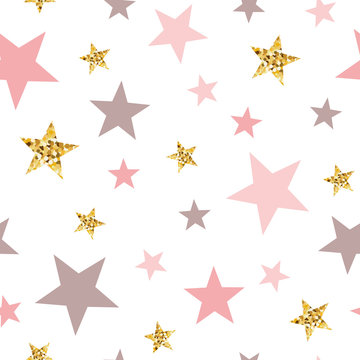 Pink seamless pattern gold glitter stars pink for Christmas backgound or baby shower sweet girl design