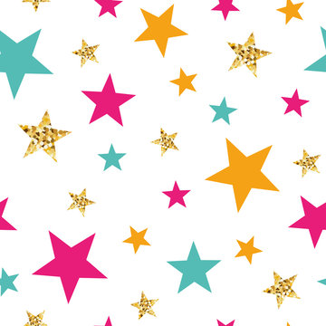 Gold glitter stars seamless pattern background Abstract ornament in orange pink blue stars shape