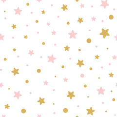 Fototapeta na wymiar Pink seamless pattern decoreted gold pink stars for Christmas backgound or baby shower sweet girl design