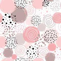 Pink seamless pattern polka dot abstract ornament decorated pink, black hand drawn round shapes background