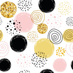 Seamless pattern polka dot abstract ornament decorated golden, pink, black hand drawn elements © Tani Kuzminka