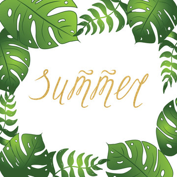 Fototapeta Green tropical leaves frame with typographic text Summer in gold