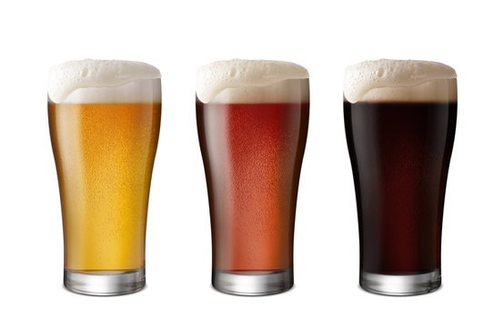 Three Glasses of Light Beer and Dark Beer isolate white background with copy space