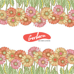 Floral horizontal postcard design with flowers by Gerber Daisy. Floral vector background. Horizontal flowers banner on white background. With space for text.