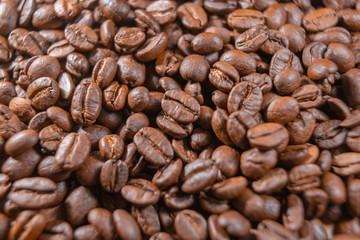 Coffee beans close up. Coffee production industry concept