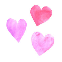 Hand drawn watercolor heart set. Hearts collection isolated on white background. Romantic design element for wedding invitation, Valentines day card.