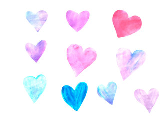 Hand drawn watercolor heart set. Hearts collection isolated on white background. Romantic design element for wedding invitation, Valentines day card.