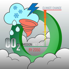 Carbon dioxide emission net-zero by 2050. Air pollution control measure to reduce climate change. Vector illustration outline flat design style.