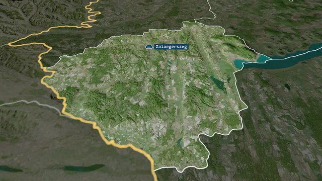 Zala - county of Hungary with its capital zoomed on the satellite map of the globe. Animation 3D