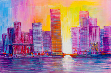Fototapeta premium Oil painting.City with a bridge