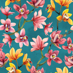 Obrazy na Szkle  Jednolity wzór żółte, różowe kwiaty orchidei i liście na niebieskim tle.