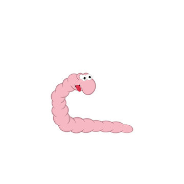 Little cartoon pink worm shows tongue. Isolated element for design.