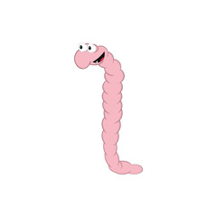 A small cartoon pink worm stretches up and shows an emotion of joy. Isolated element for design.