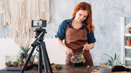 Florarium master vlog. Woman using smartphone camera to record gardening video tutorial.