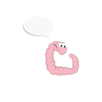 Little cartoon pink worm shows emotion of surprise. Isolated element for design.