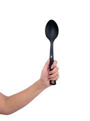Housekeeper hand holding Plastic ladle isolated on white backround