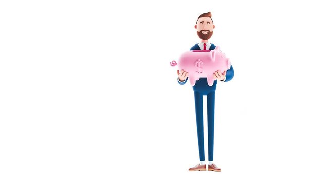 Billy cartoon businessman character stands with a big piggy bank in his hands on white background. 3d render illustration. Looped video. 