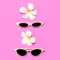 Fashion retro sunglasses set. Stylish summer trend accessory. Flat lay