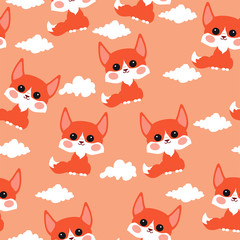 Cute chanterelles on an orange background with clouds. Seamless pattern with coral background.