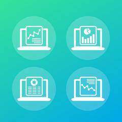 computer analysis, business analytics vector icons