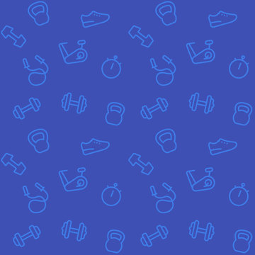 seamless pattern with gym icons, workout and training equipment, vector background