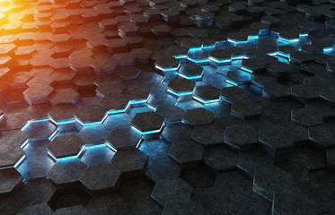 Obraz premium Black blue and orange hexagons background pattern 3D rendering