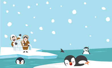 North pole eskimo igloo ice house wiht penguins background - obrazy, fototapety, plakaty