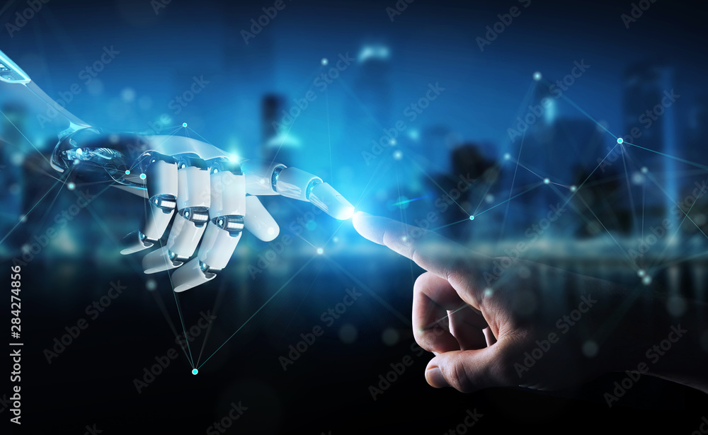 Poster robot hand making contact with human hand on dark background 3d rendering