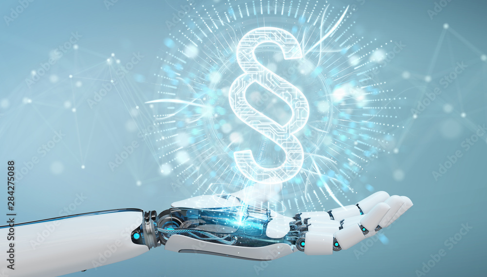 Poster white robot hand using law paragraph digital hologram 3d rendering