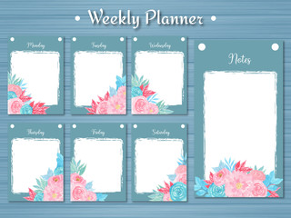 set of weekly planner with colorful flowers and abstract blue background