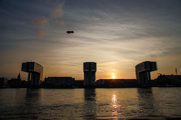 Rhine harbour at sunset with fantastic crane houses