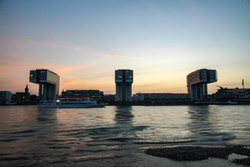 Rhine harbour at sunset with fantastic crane houses