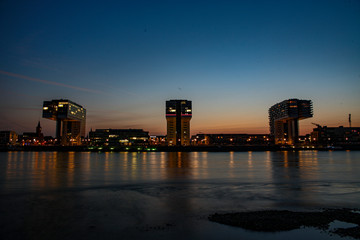 Rhine harbour at sunset with fantastic crane houses