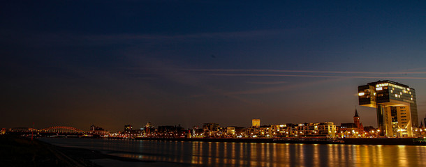 Rhine harbour at sunset with fantastic crane houses
