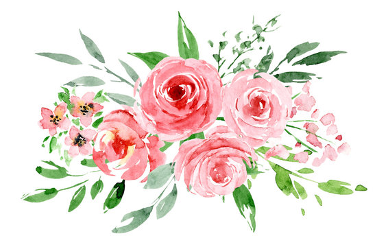 Watercolor flowers, pink roses. Floral bouquet clip art. Perfectly for printing design on invitation, card, wall art and other. Isolated on white background. Hand painted.