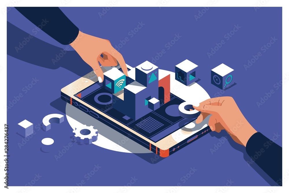 Poster designer building website ux app development. isometric illustration. user experience concept
