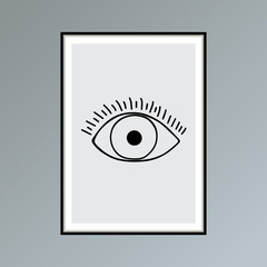 Cartoon open eye poster in shades of gray for interior decor.