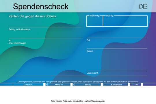 fl&uuml;ssiger Spendenscheck blau-gr&uuml;n