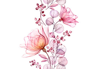 Transparent watercolor rose. Seamless vertical border floral illustration. Isolated hand drawn arrangement with berries for wedding design, stationery card print