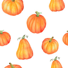 Seamless hand drawn  watercolor pattern. Orange, yellow, green colors. Pumpkins on white background