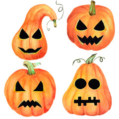 A set of Halloween pumpkin Jack, isolated object on the white background, watercolor hand drawn illustration, cartoon characte
