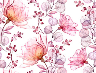Transparent rose watercolor seamless pattern. Hand drawn floral illustration with pink berries for wedding design, surface, textile, wallpaper