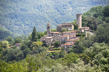 Malgrate Castle, an ancient settlement in the mountains of in Lunigiana, northwest Tuscany, Italy, copy space