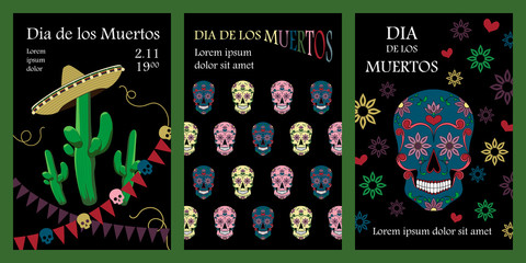 Fototapeta na wymiar Set of vector cards for the day of the dead. Multicolored Mexican skulls, cacti. Design elements for flyer, postcard, poster, banner.