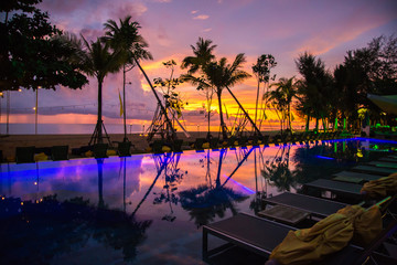 Khao Lak beach resort views at sunset, in Thailand