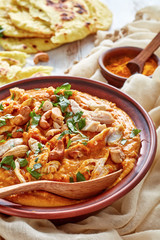 Mulligatawny soup with chicken meat, top view