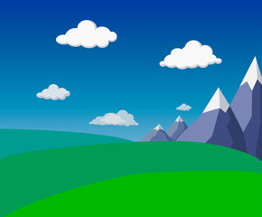 natural flat summer green landscape with mountains, green hills, fields, bright blue sky and fluffy clouds. stylized landscape with simple mountains. village green fields background. seasonal banner